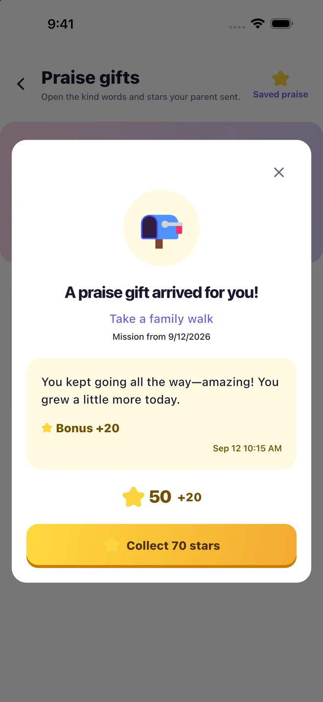 An open praise gift with a parent’s note and stars to collect