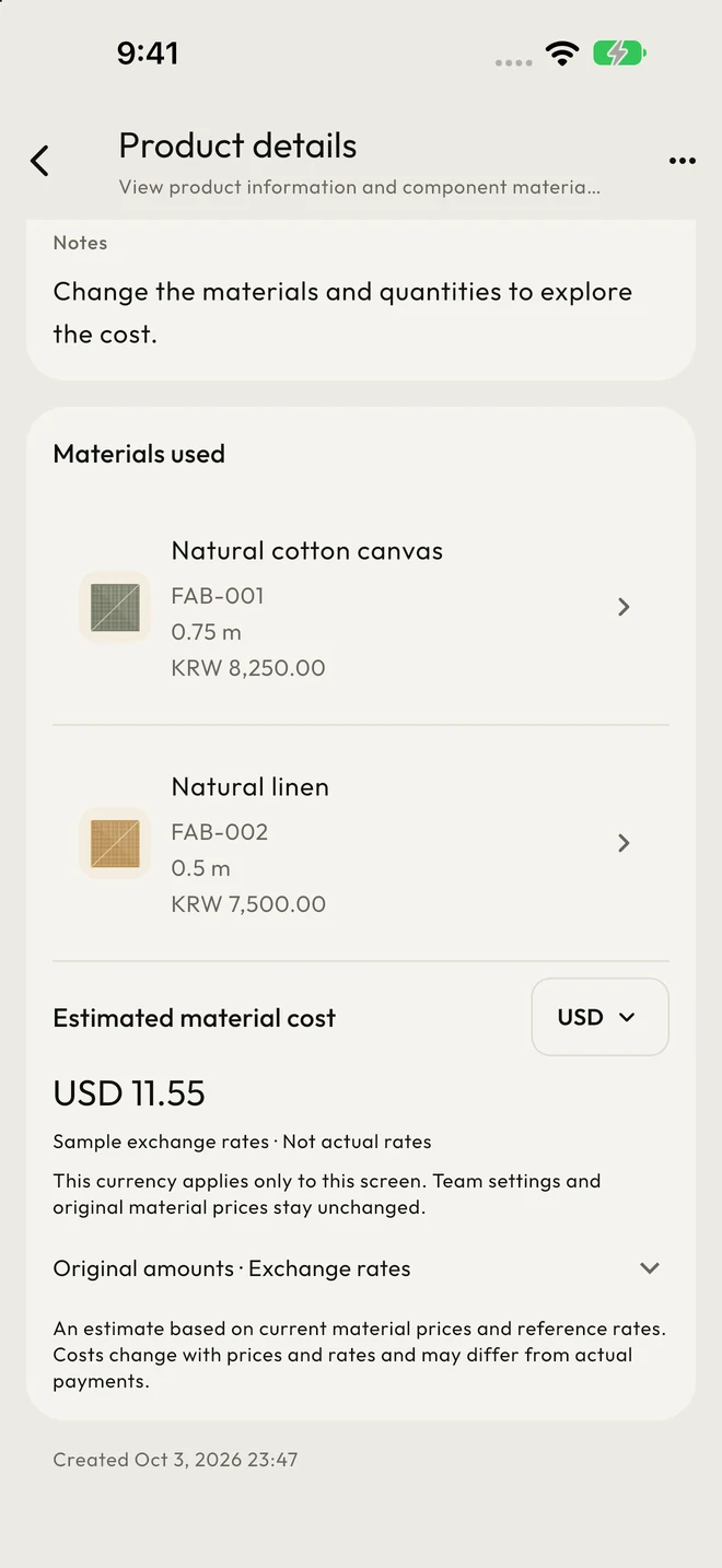 Product components, usage amounts, and estimated material cost in a selected currency