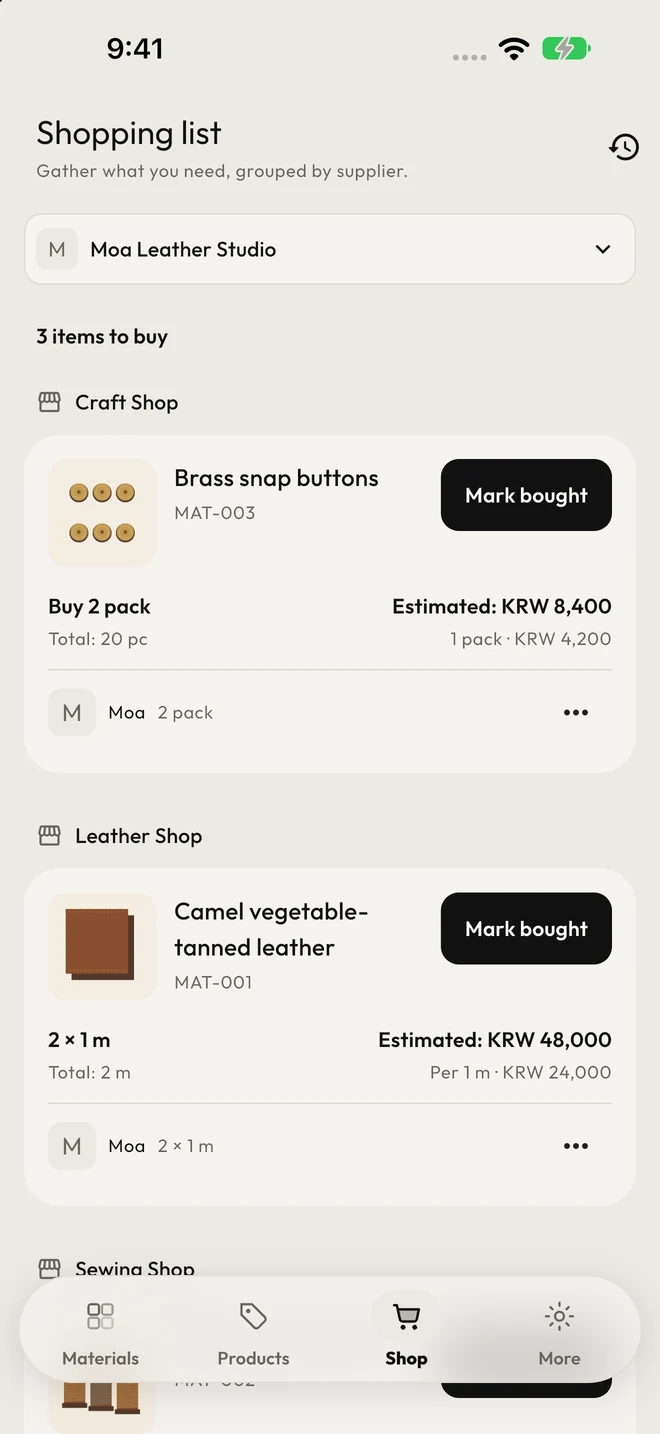 Shopping list grouped by supplier, with quantities and each teammate’s contributions